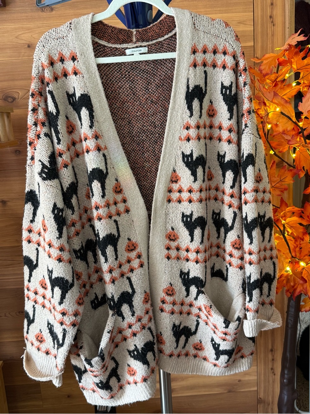 Maurices Plus Size Halloween Cardigan with Black Cat & Orange Pumpkin Pattern